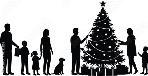 family decorating Christmas tree silhouette, children parents dog together, holiday celebration, winter season, festive decorations, black vector art, Christmas gifts
