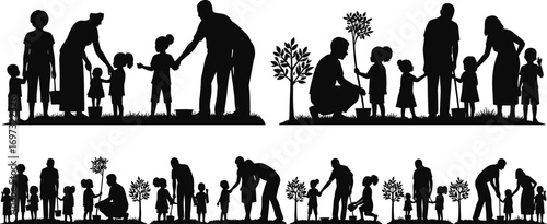 family planting trees together, children gardening silhouette, eco lifestyle, environmental care, community green concept, black vector illustration, nature conservation activity