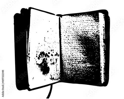 Vector Open book with textured pages and dark outline.