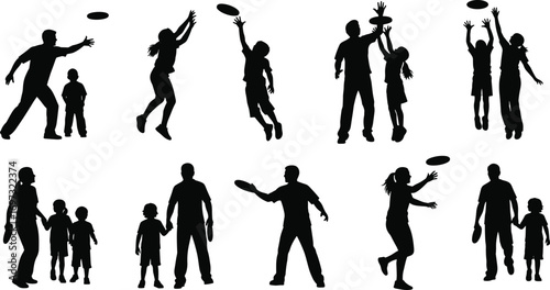 Family playing frisbee silhouette, parents and children outdoor activity, fun exercise, group game, healthy lifestyle, fitness sport, childhood playtime, leisure illustration