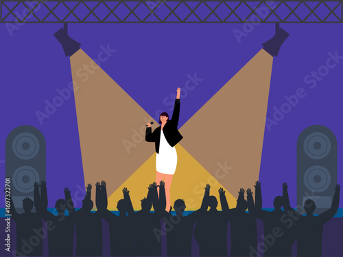 Excited fans of female solo singer in concert. Concert illustration. Flat vector illustration concept.