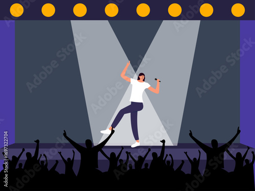 Female soloist invites fans to dance together. Concert illustration. Flat vector illustration concept.