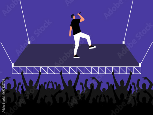 Solo singer performing on a hanging stage in a special concert for fans. Concert illustration. Flat vector illustration concept.