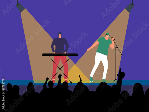 Duo singers holding a concert with their fans. Concert illustration. Flat vector illustration concept.