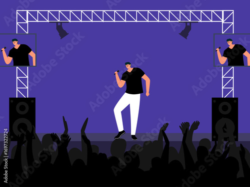 Male soloist who is a special guest at a concert. Concert illustration. Flat vector illustration concept.