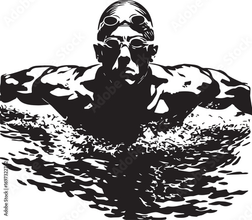 Swimming Athlete's Determination: An athlete, determined, slices through the water with a powerful butterfly stroke, embodying the essence of strength, focus, and athletic prowess.
