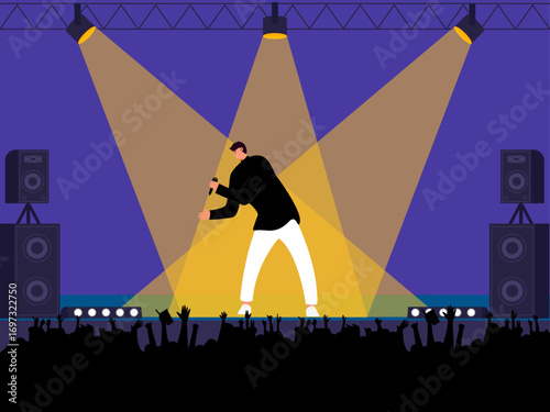 Single concert of male solo singer attended by many fans. Concert illustration. Flat vector illustration concept.