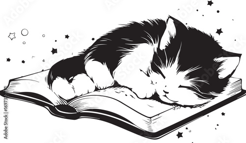 Dreaming in Ink: A charming kitten dozes peacefully atop a vintage book, captured in a delicately rendered illustration. A harmonious blend of comfort and imagination.