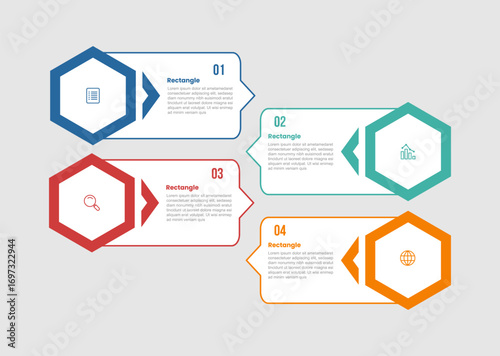 rectangle shape infographic diagram with hexagon shape on edge with opposite direction with 4 step for slide presentation