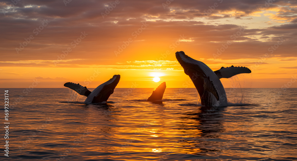 Fototapeta premium Blue whale jumping out of the water at sunset