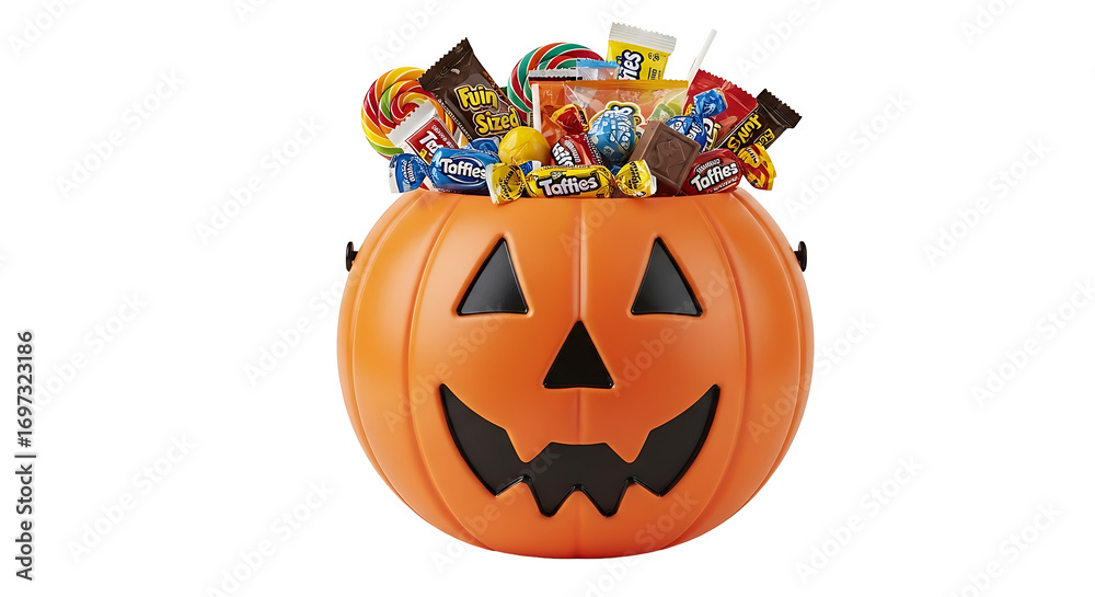 Fototapeta premium An orange pumpkin bucket filled with assorted candies like taffies and lollipops for halloween treats