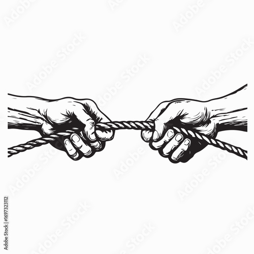 Teamwork Hands Pulling Opposite Ends of a Rope Vector on white background