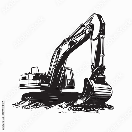 Heavy Excavator in Action Powerful Construction Machinery Vector Illustration Working
