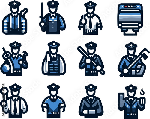 Cartoon police officer character vector set with tactical and patrol uniforms, handguns, rifles, security shields, and police logo badges for justice, law enforcement, and safety design graphics