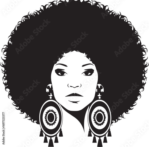Afro Hairstyle Portrait: Bold graphic portrait of a woman with voluminous afro hairstyle and large, ornate earrings. Celebrating beauty.