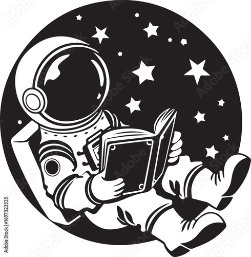 Astronaut reading book in space: In a black and white illustration, a spaceman leisurely absorbed in a book amid a celestial starry sky, evoking a sense of wonder and intellectual exploration.