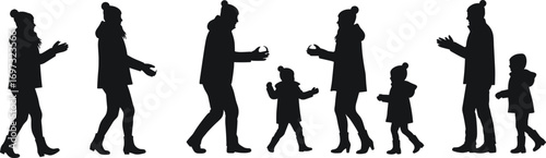family winter silhouette, children playing snow, parents with kids, snowball fight, cold weather activity, holiday outdoor fun, black silhouette vector illustration