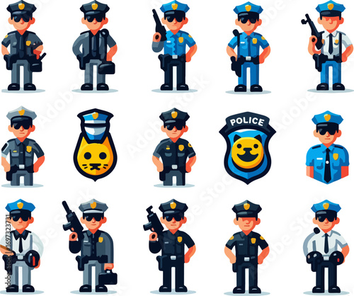 Collection of Cartoon Police Officer Characters in Different Uniforms with Guns, Batons, and Police Badge Vector Illustration for Law Enforcement Design