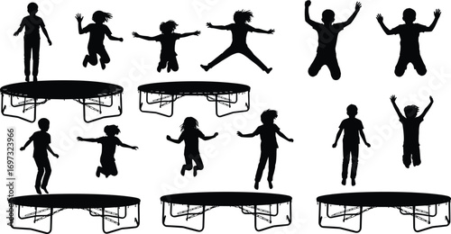 Kids trampoline silhouette, children jumping fun, outdoor activity, playful exercise, childhood joy, energetic lifestyle, bounce game, healthy playtime, active movement, freedom