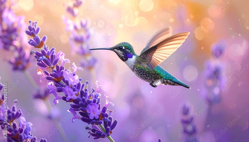 Fototapeta premium Hummingbird hovers by lavender