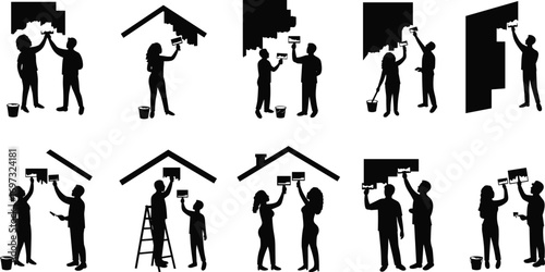 people painting house silhouette, teamwork renovation, home improvement project, family decorating wall, construction work, repair maintenance, black silhouette vector illustration