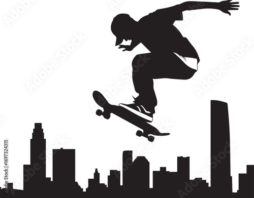 Urban Silhouette: A dynamic silhouette of a skateboarder mid-air against a city skyline, capturing the thrill of action and urban lifestyle.
