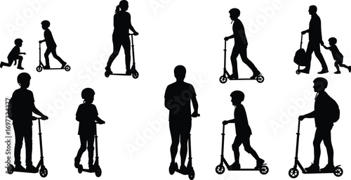 people riding scooter silhouette, children with scooters, adults commuting, family outdoor activity, urban lifestyle, transportation vector, black silhouette design illustration
