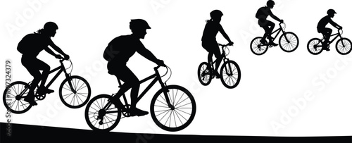 People riding bicycles silhouette, kids cycling outdoor, mountain biking, group exercise, fitness activity, cycling sport, healthy lifestyle, adventure fun illustration
