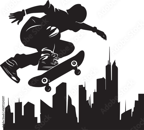 Skateboard Silhouette against Skyline: A dynamic silhouette captures the thrill of skateboarding against the backdrop of a towering city skyline.