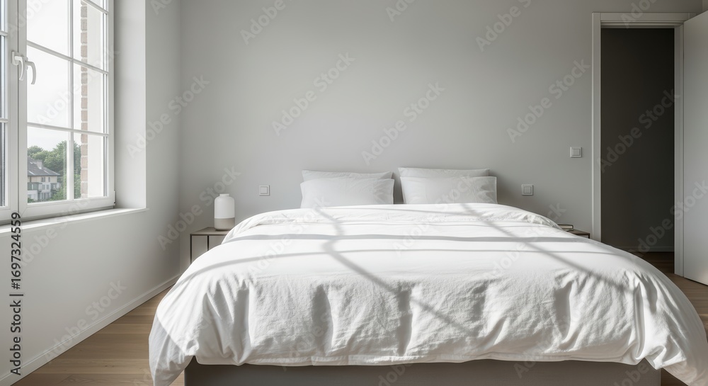 Obraz premium Minimalist bedroom with double bed and natural light through large window
