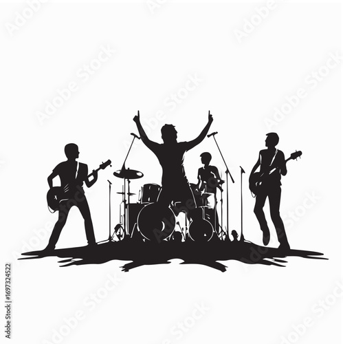 Silhouette vector of rock band performing on stage with cheering audience crowd