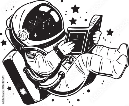 Astronaut's Literary Adventure: An astronaut relaxes in space, engrossed in a captivating book, as stars twinkle in the cosmic void, embodying a unique blend of exploration and the joy of reading.