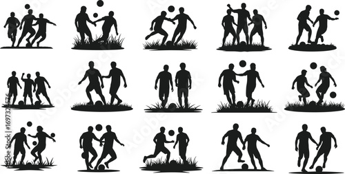 Soccer players silhouette, football game vector, sport illustration, team training, competitive match, black silhouette, outdoor activity, teamwork concept