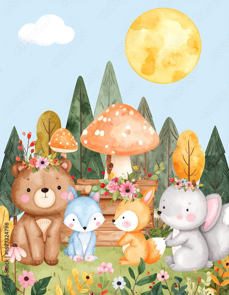 Obraz premium Cute forest animals under a big moon