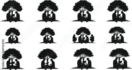 students reading books under tree, study silhouette illustration, education outdoors, learning together, black vector art, peaceful knowledge, reading lifestyle