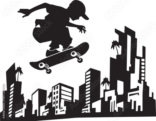 Urban Skateboarder: A dynamic silhouette of a skateboarder soaring through the air above a stylized cityscape, embodying the thrill of urban exploration and the artistry of skateboarding.