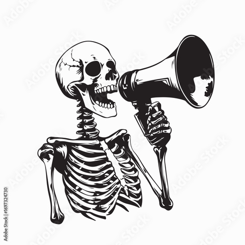 Vector illustration of skull protesting with megaphone in street demonstration