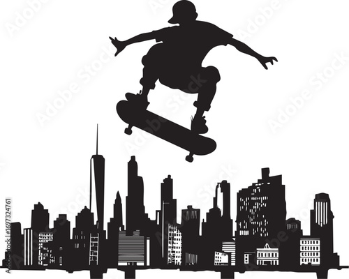 City Skateboarder: A silhouette of a skateboarder in mid-air, performing a daring trick against a backdrop of a city skyline, conveying a sense of freedom, urban culture, and youthful energy.