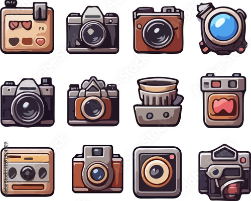 Set of Detailed Vintage Film Cameras and Modern DSLR Camera Icons in Vector Style for Photography, Branding, and Web Design Elements