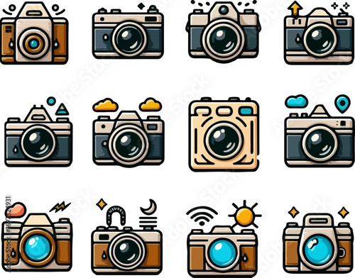 Set of Detailed Vintage Film Cameras and Modern DSLR Camera Icons in Vector Style for Photography, Branding, and Web Design Elements