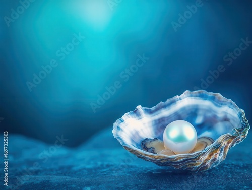 Close-up of a single pearl resting in an open oyster with a vibrant blue background creating an elegant and luxurious oceanic atmosphere suitable for jewelry or nature-themed projects