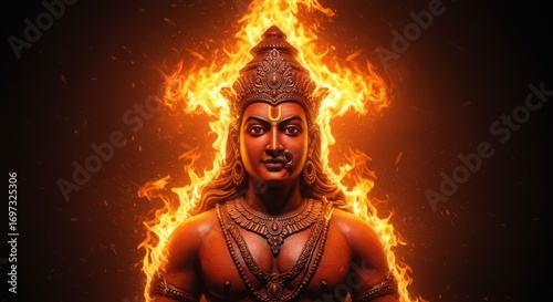 A stunning image of Agni, the Hindu God of Fire, depicted with intense flames surrounding him. His form radiates power, energy, and divine force, emphasizing his role as a key figure in Hindu rituals 