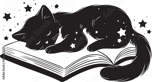 Cosmic Slumber: An enchanting illustration of a serene black cat nestled upon an open book, embellished with celestial stars, suggesting a dreamscape of cosmic proportions.