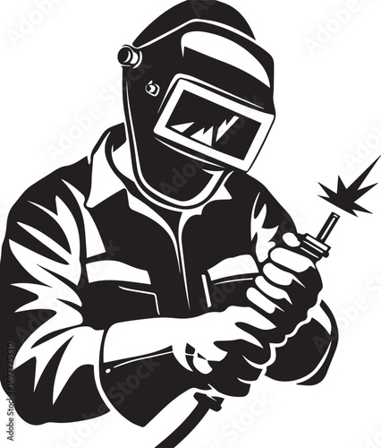 The Welder in Action: Capturing a welder in action. A skilled individual diligently works, his protective gear shielding against the bright, intense arc of welding sparks in this illustration. 