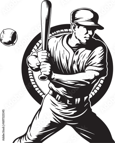 Baseball Player Ready to Hit: A dynamic illustration of a baseball player poised, bat in hand, with focused intensity, ready to swing at an approaching baseball.