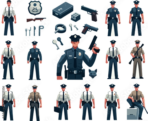 Vector police officer collection in cartoon style showing characters with pistols, rifles, police badges, shields, and law enforcement logos for crime prevention, justice, and public safety design