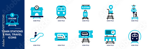 Train Stations and Rail Travel Blue Colored Outline Icon Set