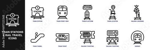Train Stations and Rail Travel Line Icon Set