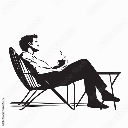 Young Man Relaxing on Outdoor Terrace Enjoying Coffee Vector on white background
