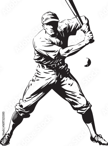 Baseball Player: A classic black-and-white illustration of a baseball player, poised to hit the ball, embodying strength, focus, and the timeless spirit of sportsmanship.